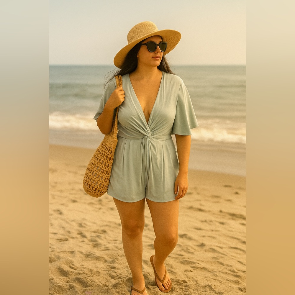 Light Blue knotted front deep V romper